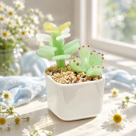 Handgefertigte Glas Sukkulenten Pflanze Dekor, Mini Topfpflanzen Botanische Kunst, Schreibtisch Ornament