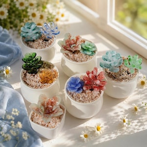 Handmade Glass Succulent Plant Decor, Mini Sculpture, Ceramic Pot Ornament