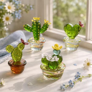May include: Four small glass cactus figurines in various shapes and sizes, each potted in a clear or colored glass base. The cacti are green with textured surfaces, some featuring small yellow, white, or pink glass flowers on top.