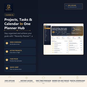 May include: A digital planner hub interface titled Revently Planner, featuring a dark-themed dashboard with sections for projects, tasks, and a calendar. The layout includes a week overview, active projects, task pulse, and quick jump navigation.