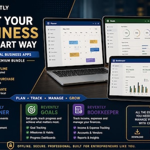 May include: A digital marketing graphic for Revently business software featuring a laptop and two tablets displaying a planner, goal tracker, and bookkeeper interface. The text reads Start Your Business The Smart Way, 3 Professional Business Apps, and lists features like works offline, one-time purchase, and safe and private.
