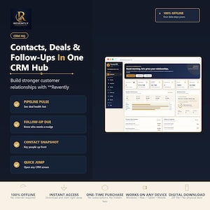 May include: A digital CRM dashboard interface displayed on a dark background. The layout features sections for contacts, deals, and follow-ups, with text including Revently, Pipeline Pulse, Follow-Up Due, Contact Snapshot, and Quick Jump.
