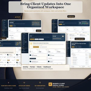 May include: A digital interface display for Revently Client Portal Studio showing multiple dashboard views labeled Activity, Portals, Clients, and Data. The layout features dark blue and white panels with gold accents, text headers, and navigation menus.