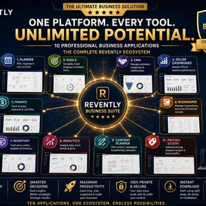 May include: A dark blue infographic titled Revently Business Suite, showcasing ten professional business applications including a planner, CRM, and analytics. The layout features gold text, icons, and glowing lines connecting to a central hub.