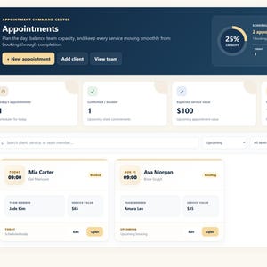 May include: A digital dashboard interface titled Appointment Command Center for a salon and beauty studio. The layout includes a dark blue sidebar with navigation links, a top summary panel with capacity metrics, and appointment cards for clients.