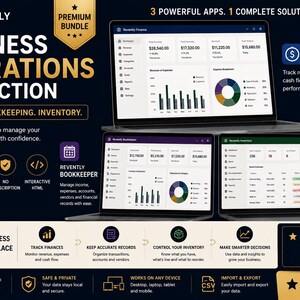May include: A digital business operations collection featuring three laptop screens displaying Revently Finance, Bookkeeper, and Inventory software dashboards. The dark background includes gold text, icons, and labels detailing features like one-time purchase, offline access, and data management tools for finance, bookkeeping, and inventory.