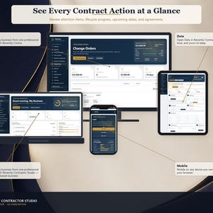 May include: A digital interface display for Revently Contractor Studio showing a dashboard, change orders, and data on a desktop monitor, laptop, tablet, and smartphone. The text reads See Every Contract Action at a Glance and Revently Contractor Studio.