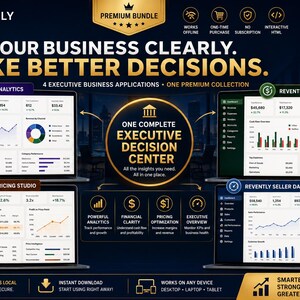 May include: A Revently premium bundle digital product display featuring four business application dashboards: Revently Analytics, Revently Finance, Revently Pricing Studio, and Revently Seller Dashboard. The layout includes gold text, icons, and charts.