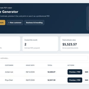 May include: A digital dashboard interface for the Revently Estimate Generator software. The dark-themed sidebar displays navigation options, while the main area shows a summary of saved estimates, a total value of $5,523.57, and a table of records.