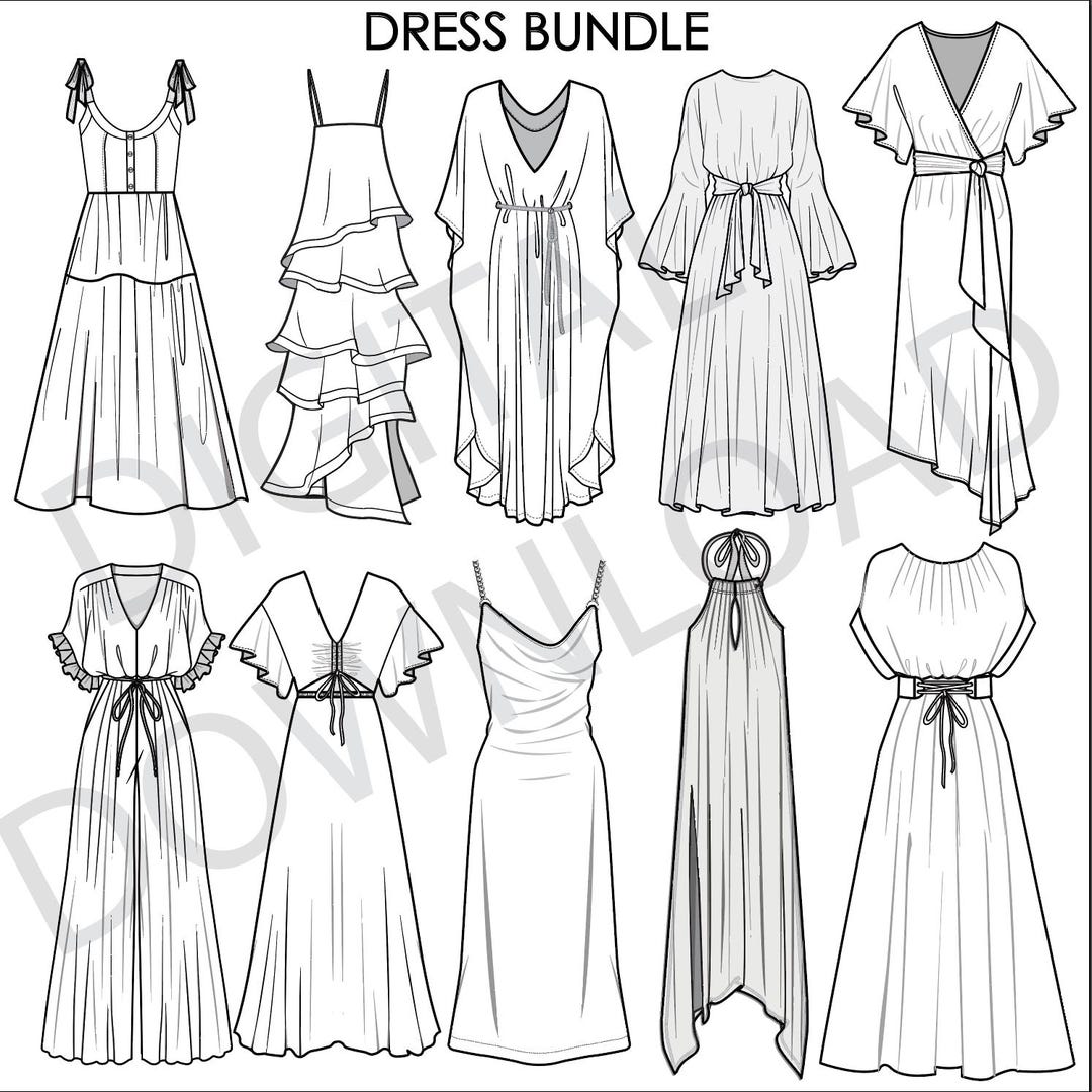 drawing dress design PSD, High Quality Free PSD Templates for Download Editable Fashion Flat Sketches