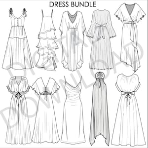 Editable Fashion Flat Sketches – Dress Template Bundle | AI File | Technical Flats for Fashion Designers