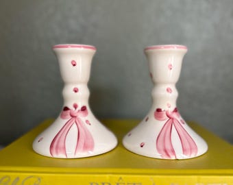 Vintage Candle Holder, Handpainted Bow Candle Holders, Candle Stick Holder Set of 2, Ribbon Bow Candle Stick