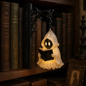 Prezent dla miłośnika książek: Lampa-duszek z półką na książki, Przytulne światło do kącika do czytania, Latarnia biblioteczna na Halloween, Upiorna dekoracja półki dla czytelników