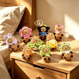 May include: A collection of nine small, crocheted animal keychains, each featuring a tan creature wearing a different colorful costume, including a pink flower, a green cabbage, a yellow banana, an orange slice, a frog, and a purple bunny hood.