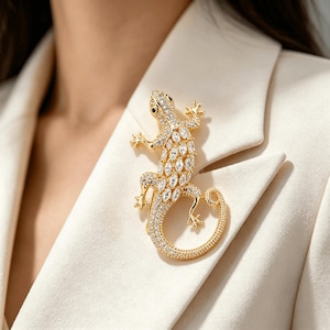 Crystal Gecko Brooch Gold Silver Lizard Rhinestone Lapel Pin，Give her a birthday gift
