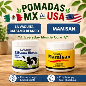 Puede incluir: Dos tarros de plástico blanco con pomada, etiquetados como La Vaquita Bálsamo Blanco y Mamisan. Cada tarro contiene 100g de producto. El tarro de La Vaquita muestra una vaca en un campo, mientras que el de Mamisan tiene una etiqueta amarilla.