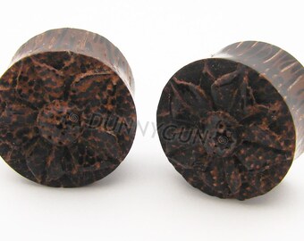 5/8" Pair Carved Cherry Blossom Flower Palm Wood Gauged Plugs Organic Hand Carved Body Piercing Jewelry