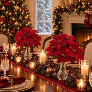 Puede incluir: Dos jarrones de cristal transparente acanalado que contienen cada uno un arreglo de flores de pascua de color rojo vibrante, colocados sobre una mesa de comedor decorada con una guirnalda verde, bayas rojas y velas blancas.