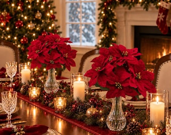 May include: Two clear, ribbed glass vases each holding a vibrant red poinsettia arrangement, placed on a dining table decorated with a green garland, red berries, pinecones, and several white pillar candles in glass holders.