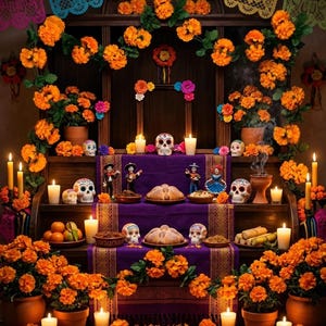 May include: A multi-tiered wooden altar decorated with bright orange marigold flowers, colorful papel picado banners, sugar skulls, candles, small figurines, and loaves of pan de muerto arranged on purple fabric runners for a traditional display.