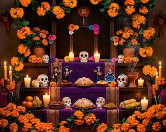 May include: A multi-tiered wooden altar decorated with bright orange marigold flowers, colorful papel picado banners, sugar skulls, candles, small figurines, and loaves of pan de muerto arranged on purple fabric runners for a traditional display.