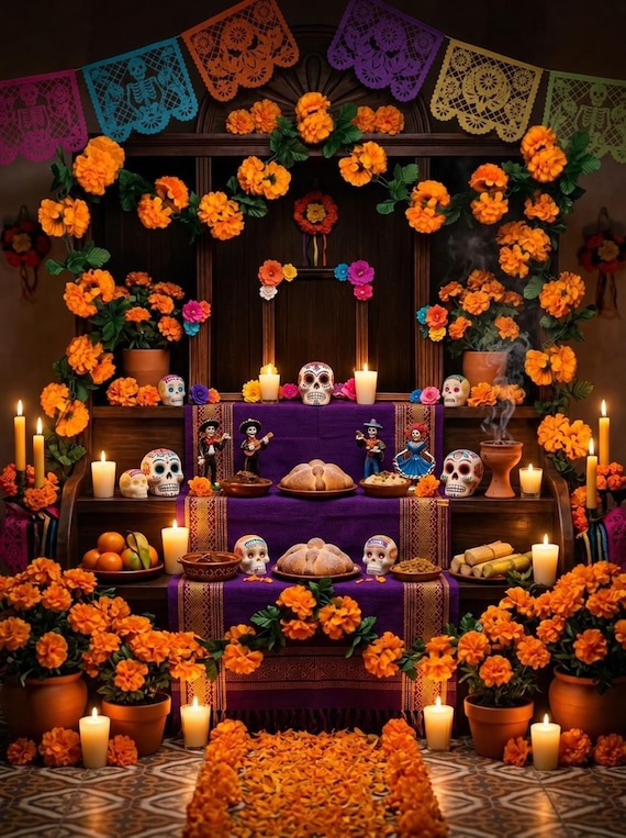 7 Ft Artificial Marigold Garland, Día de Los Muertos Decor, Orange Decoration