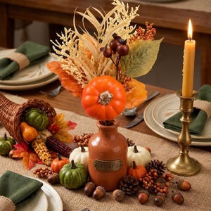 Puede incluir: Un jarrón de cerámica marrón con la palabra THANKFUL en relieve en el frente, que contiene un arreglo de calabazas naranjas, hierbas secas y hojas de otoño. El jarrón está rodeado de pequeñas calabazas, piñas, bellotas y una vela.