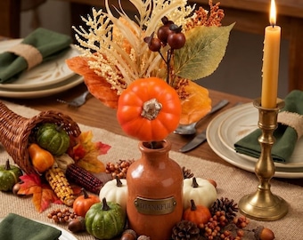 May include: A brown ceramic vase with the word THANKFUL embossed on the front, holding an arrangement of orange pumpkins, dried grasses, and autumn leaves. The vase is surrounded by small pumpkins, pinecones, acorns, and a tall candle.