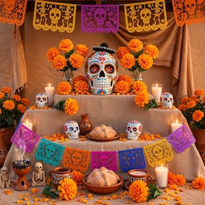 Puede incluir: Un altar del Día de los Muertos con una calavera central grande con patrones florales coloridos, calaveras decorativas pequeñas, flores de cempasúchil naranjas, pan de dulce, velas encendidas y banderas de papel picado colgantes.