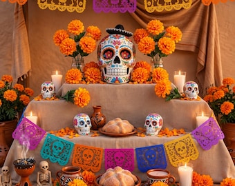 May include: A Day of the Dead altar featuring a large central skull with colorful floral patterns, smaller decorative skulls, orange marigold flowers, pan de dulce bread, lit candles, and vibrant papel picado banners hanging above and across the tiers.