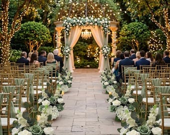 May include: An outdoor wedding ceremony setup featuring rows of gold chairs with sage green fabric accents, floral arrangements of white and sage roses and hydrangeas, and a central stone aisle leading to a gazebo decorated with lights and flowers.