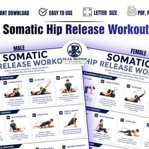 May include: A digital Somatic Hip Release Workout guide featuring two separate instructional charts for male and female practitioners. The document includes step-by-step exercise illustrations, text descriptions, and a Peak Motion Studio logo.