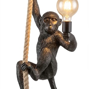 May include: A dark bronze-colored monkey figurine lamp climbing a thick, light tan twisted rope. The monkey holds a single glowing, round, clear glass light bulb in one hand, which is attached to a black socket extending from its palm.