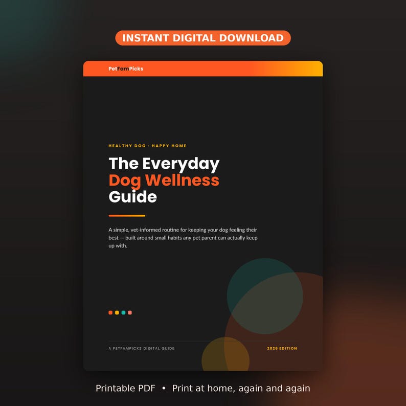 K&ouml;nnte beinhalten: Ein digitaler Ratgeber mit dem Titel The Everyday Dog Wellness Guide mit schwarzem Hintergrund, orangefarbener Kopfzeile und wei&szlig;em Text. Das Cover enth&auml;lt den Text Healthy Dog Happy Home, eine Routinebeschreibung und die 2024 Edition.