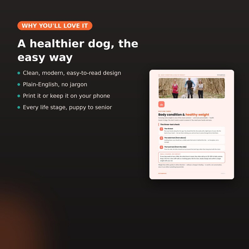K&ouml;nnte beinhalten: Eine digitale Dokumentenseite mit dem Titel Body condition & healthy weight, die ein Foto von Menschen zeigt, die mit Hunden in einem Waldgebiet spazieren gehen. Die Seite enth&auml;lt Textanweisungen f&uuml;r einen Drei-Punkte-Check, einschlie&szlig;lich Rippen-, Taillen- und Bauchtest.