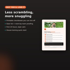 Peut inclure: Un document num&eacute;rique intitul&eacute; House-training quick start avec une photographie d'un chiot dans l'herbe. Le texte inclut des listes pour l'&eacute;quipement, la s&eacute;curisation des pi&egrave;ces et des cases &agrave; cocher. Mise en page blanche sur fond sombre.