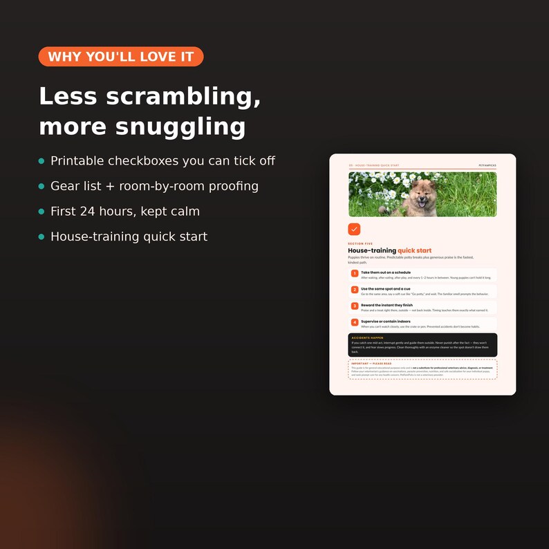 Peut inclure: Un document num&eacute;rique intitul&eacute; House-training quick start avec une photographie d'un chiot dans l'herbe. Le texte inclut des listes pour l'&eacute;quipement, la s&eacute;curisation des pi&egrave;ces et des cases &agrave; cocher. Mise en page blanche sur fond sombre.