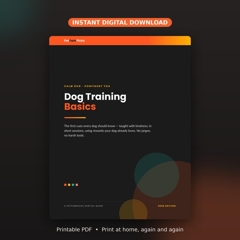 Grunderna i hundträning, utskrivbar PDF, lydnadsguide för valpar, lär ut sitta ner, kom och stanna, positiv belöningsträning för nya hundägare bild 2
