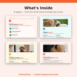 Peut inclure: Un guide num&eacute;rique pour chiots de six pages intitul&eacute; What's Inside, comprenant des listes de contr&ocirc;le et des conseils pour la premi&egrave;re semaine. La mise en page pr&eacute;sente quatre sections avec des titres comme The Gear Checklist et The Puppy-Proofing Sweep, illustr&eacute;es par des photos de chiens.