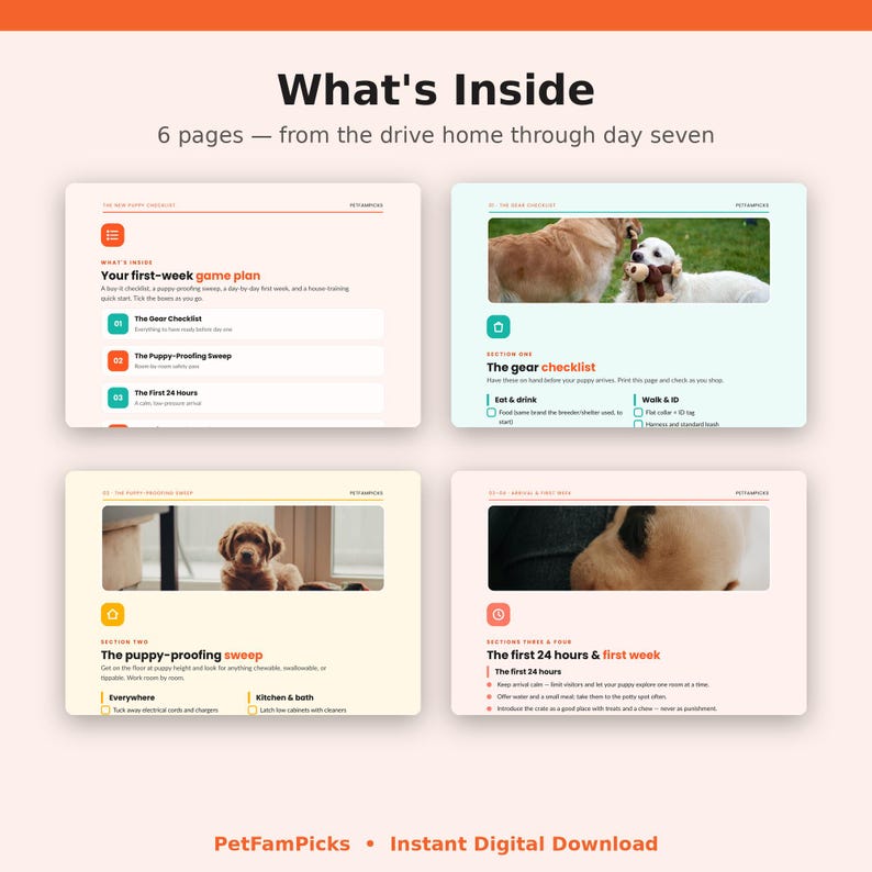 Peut inclure: Un guide num&eacute;rique pour chiots de six pages intitul&eacute; What's Inside, comprenant des listes de contr&ocirc;le et des conseils pour la premi&egrave;re semaine. La mise en page pr&eacute;sente quatre sections avec des titres comme The Gear Checklist et The Puppy-Proofing Sweep, illustr&eacute;es par des photos de chiens.