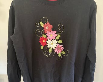VTG Pleasant Shade Black Floral Embroidery Red Women Sweatshirt Med Womens