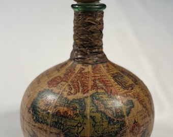 Vintage Old World Map Globe Liquor Decanter Italian Leather Neck Wrapped 10.25”