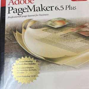 May include: A white software box for Adobe PageMaker 6.5 Plus featuring the text Professional page layout for business. A gold starburst graphic lists included features like professional templates and Adobe Photoshop 5.0 LE.