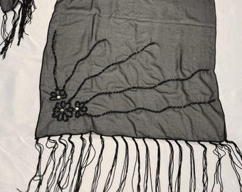 Black Lace Beaded Scarf Shawl Evening Wrap Fringe Special Occasion Holiday Party