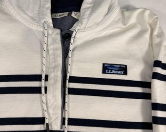 L.L.Bean Katahdin Logo Striped Henley Pullover Hoodie, Rugby Size Large Blue/Wt