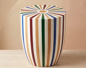 Colorful Striped Wooden Stool, Round Side Table, Handcrafted Moroccan Inspired Home Decor