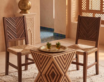 Geometrische zandloper bijzettafel | Massief houten accenttafel, boho kruk