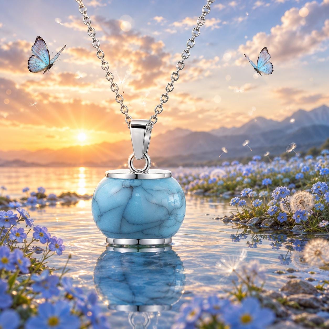 Handmade Blue Stone Pet Memorial Necklace, Cremation Keepsake 