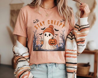 Blijf griezelig spookillustratie-T-shirt | Halloween-pompoenvleermuizen, grappige Halloween-outfit, Ghost-T-shirt, Spooky Season-shirt