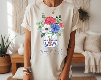 Rood wit blauw bloemenboeket T-shirt | USA Mason Jar Happy 4 juli